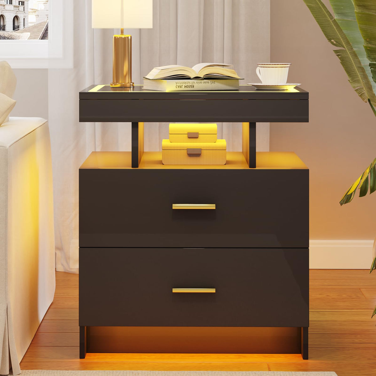 Black LED Nightstand with Wireless Charging Station A361125