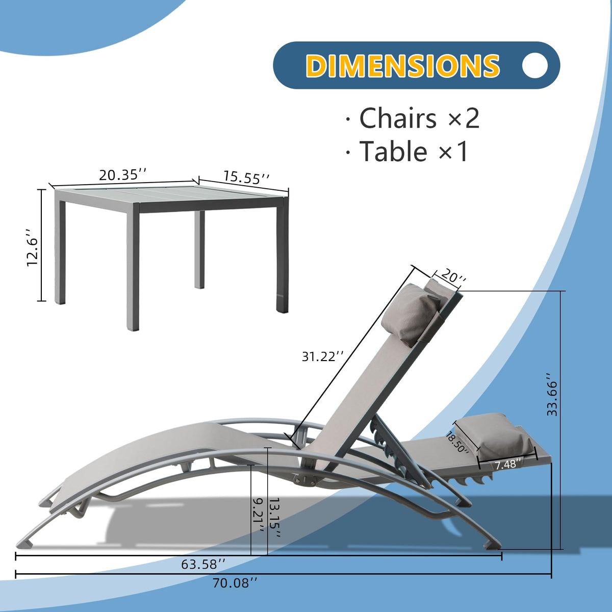 Adjustable Aluminum Pool Lounge Chairs Set of 3 with Side Table G356