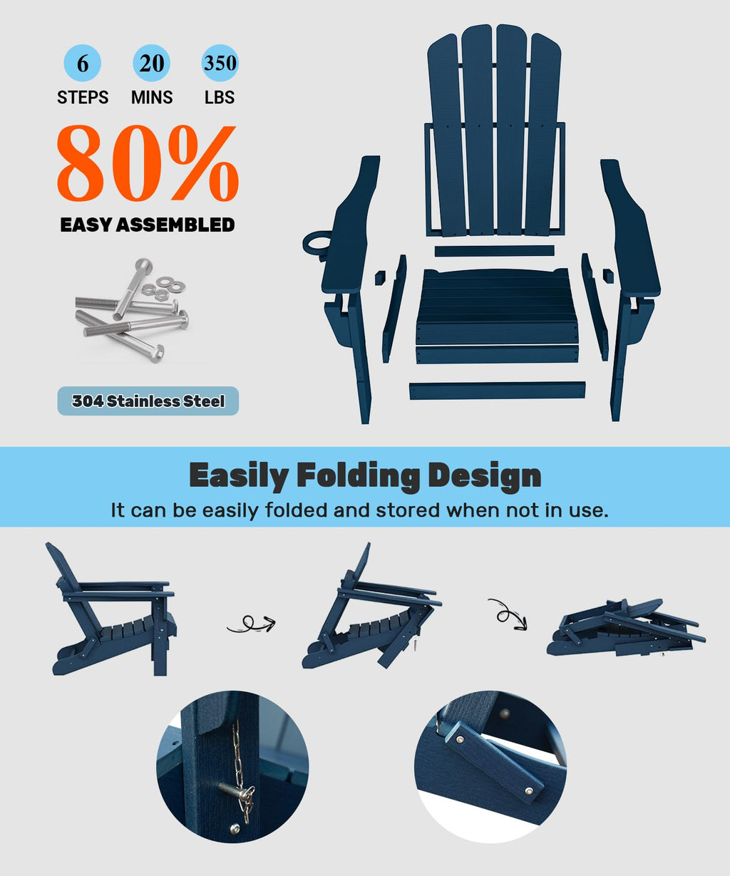 Folding Adirondack Chairs Set of 2 HDPE with Cup Holder Dark Blue S159