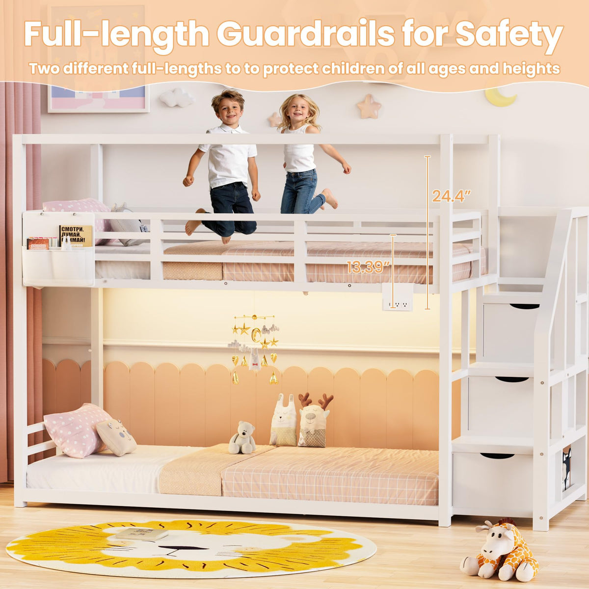 White Twin Over Twin Bunk Bed with Storage Stairs L21742