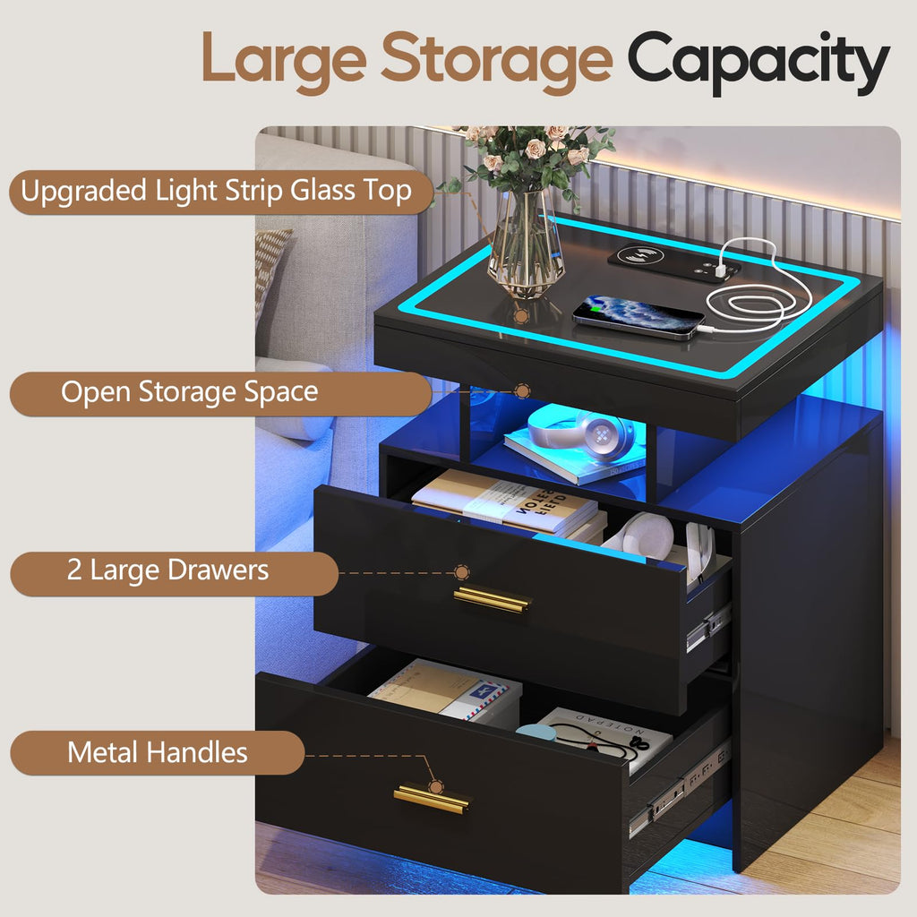 Black LED Nightstand with Wireless Charging Station A361125
