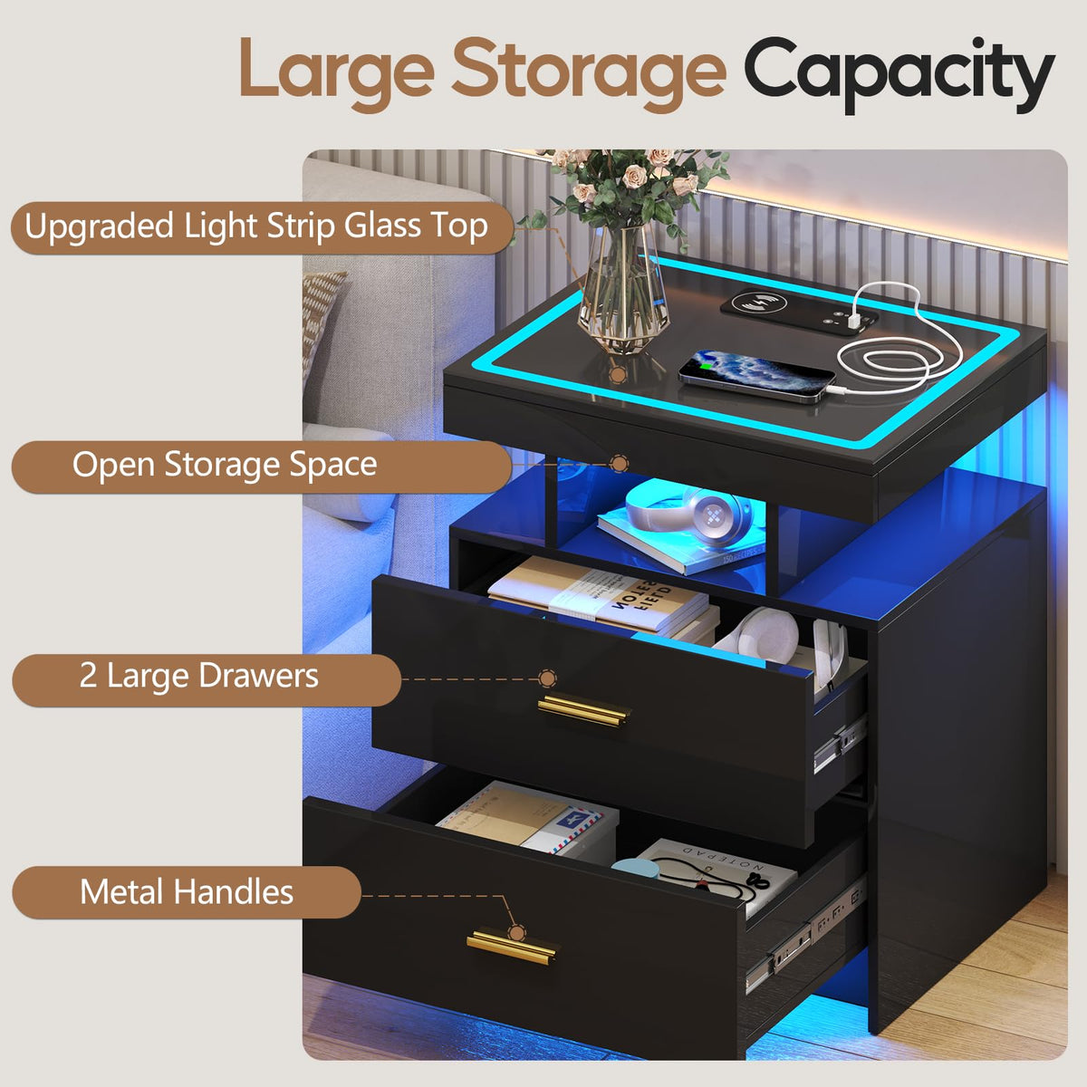 Black LED Nightstand with Wireless Charging Station A361125