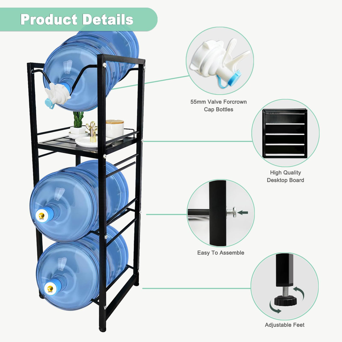 5 Gallon Water Jug Holder with 3-Tier Storage Shelves Black M144660