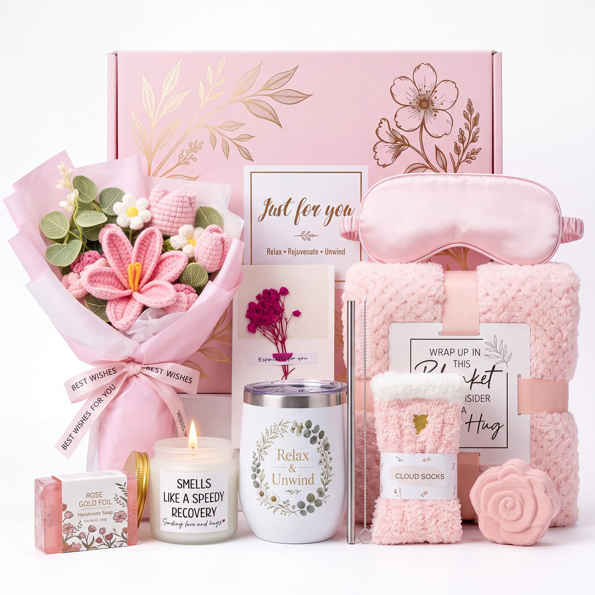 10 PCS Pink Gift Basket with Blanket, Tumbler & Crochet Flowers B8628