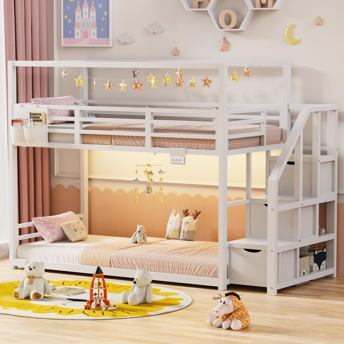 White Twin Over Twin Bunk Bed with Storage Stairs L21742