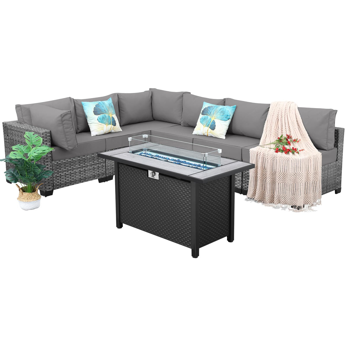 7 Pieces Wicker Patio Furniture Set with Fire Pit Table N692