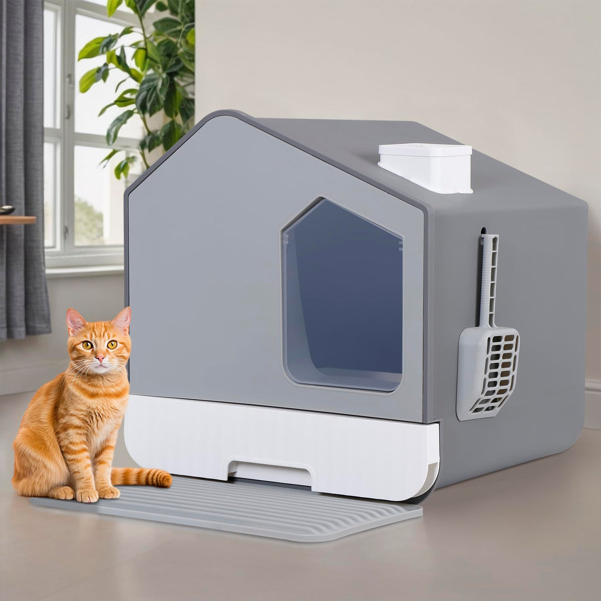 Large Enclosed Hooded Cat Litter Box with Mat & Litter Scoop N610899