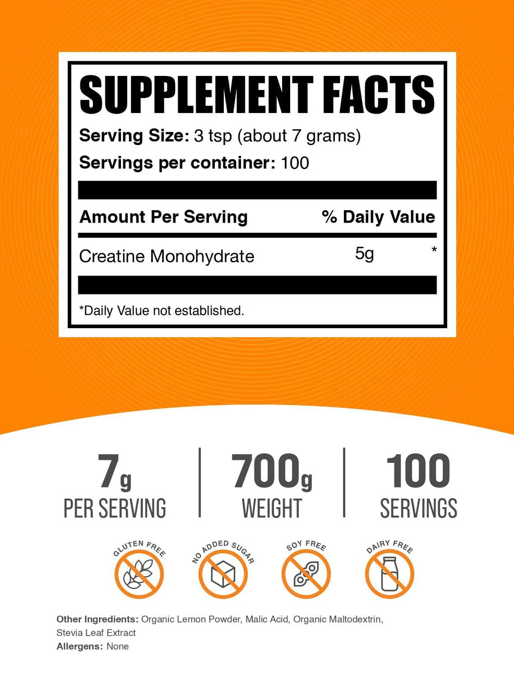 Micronized Creatine Monohydrate Powder, Lemon Italian Ice, 7g per Serving, 700g Q257569