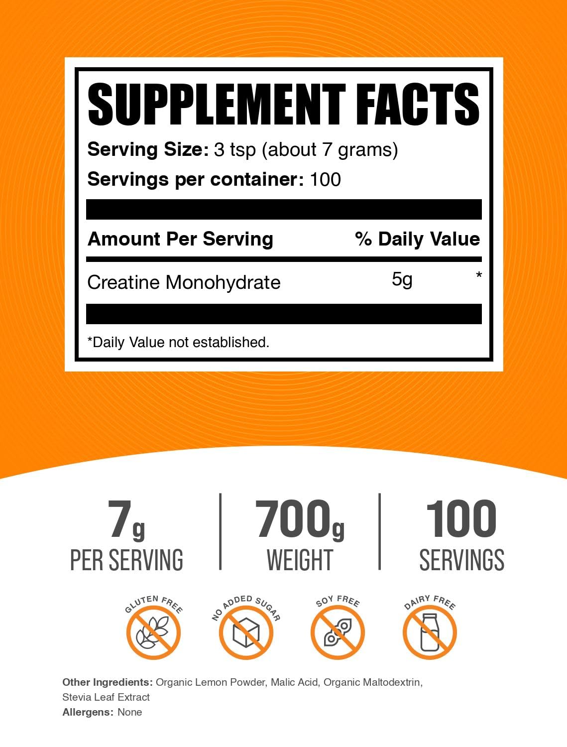 Micronized Creatine Monohydrate Powder, Lemon Italian Ice, 7g per Serving, 700g Q257569