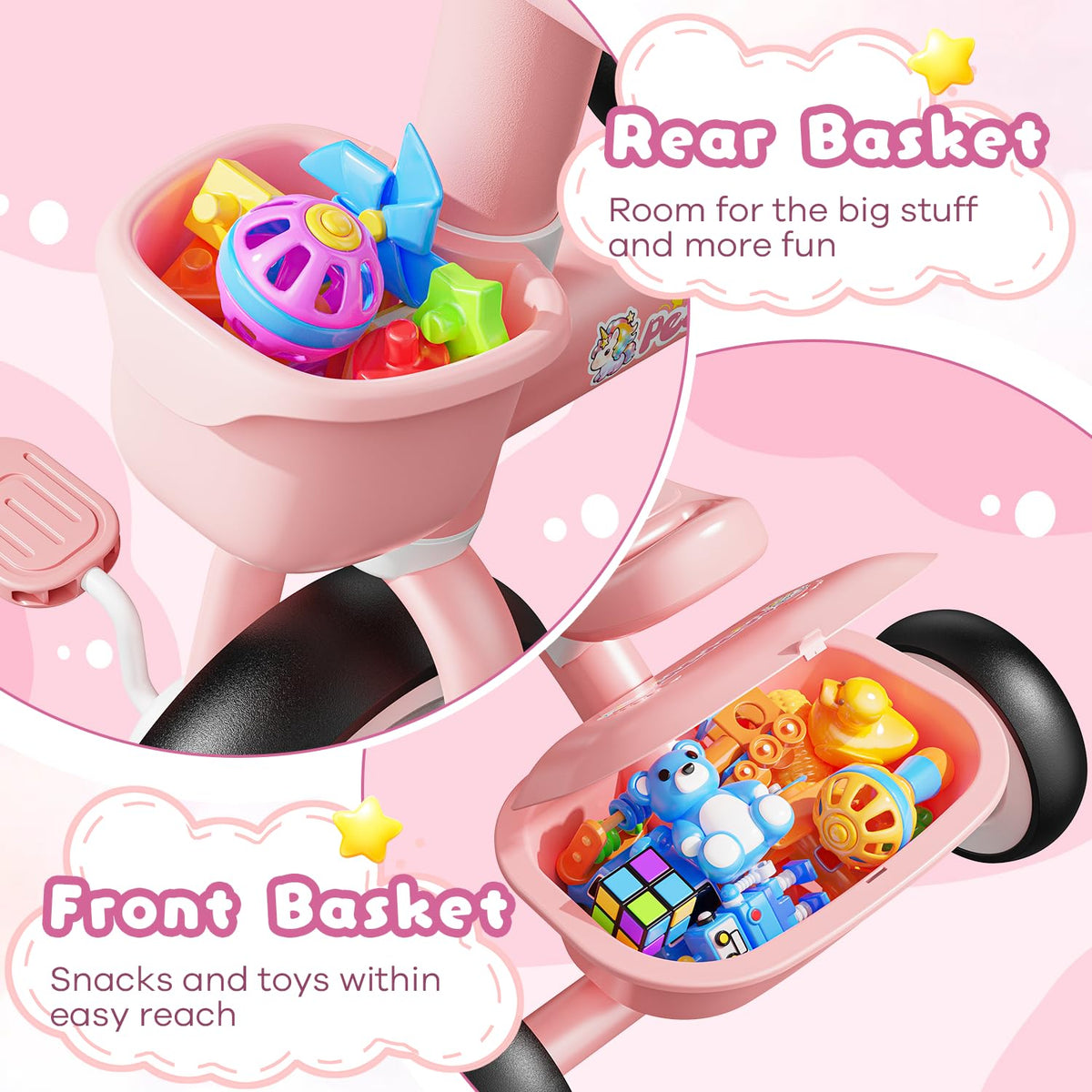 Pink Toddler Tricycle with Adjustable Seat and 2 Basket P3265