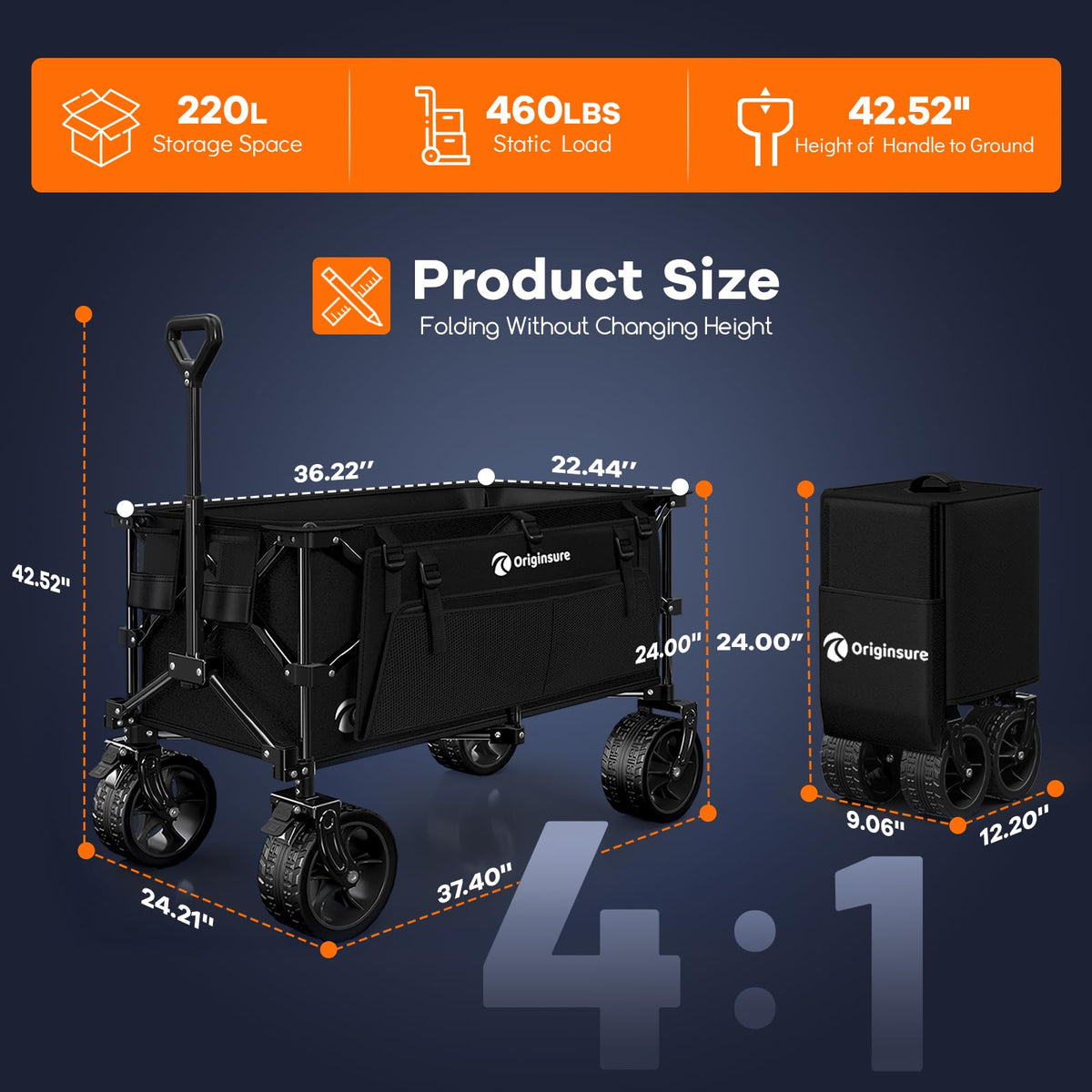 220L Collapsible Beach Wagon Cart with Big Wheels, Black Q900184