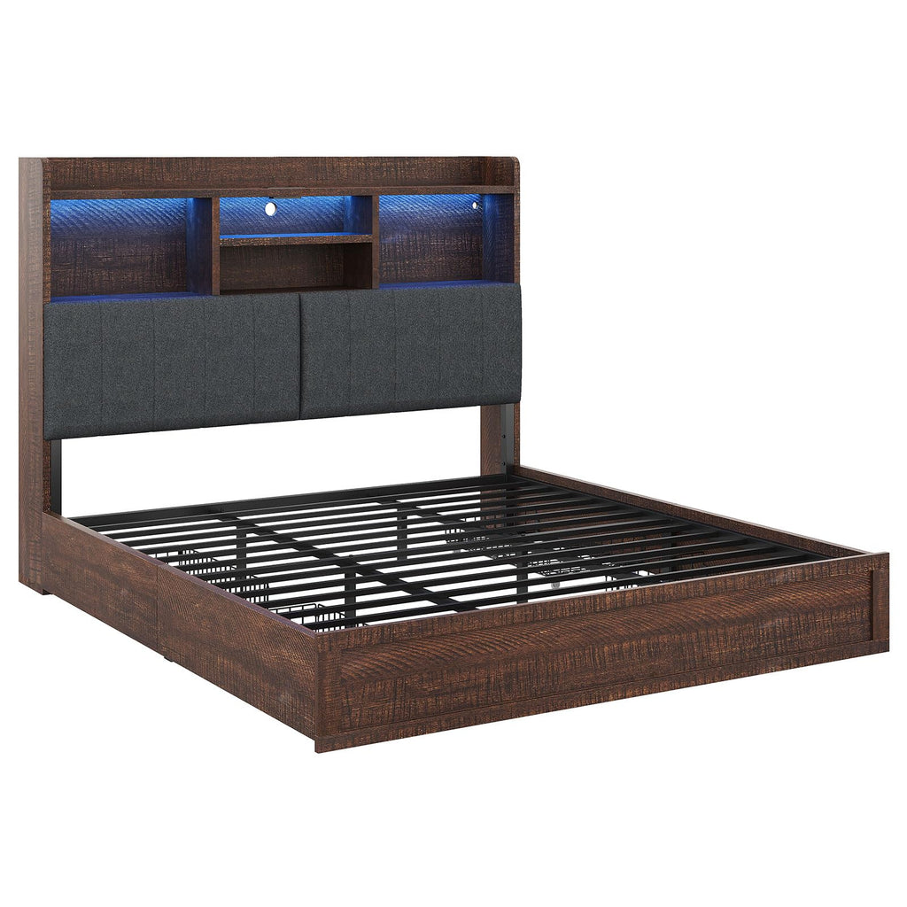 King Brown Storage Bed with Bookcase Headboard & Drawer B4945