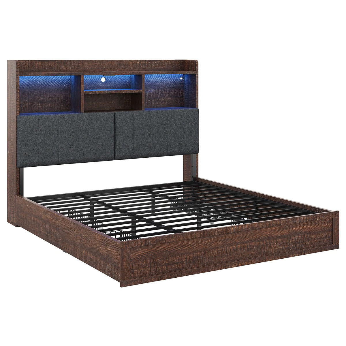 King Brown Storage Bed with Bookcase Headboard & Drawer B4945