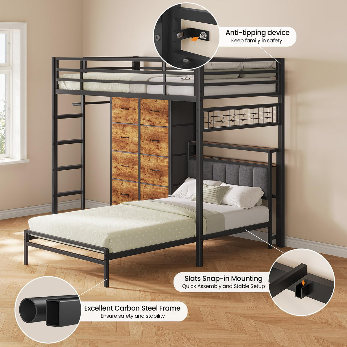 Twin Over Twin Bunk Bed with 8 Drawers and Storage Headboard Y77803