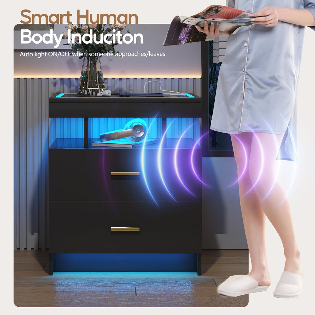 Black LED Nightstand with Wireless Charging Station A361125