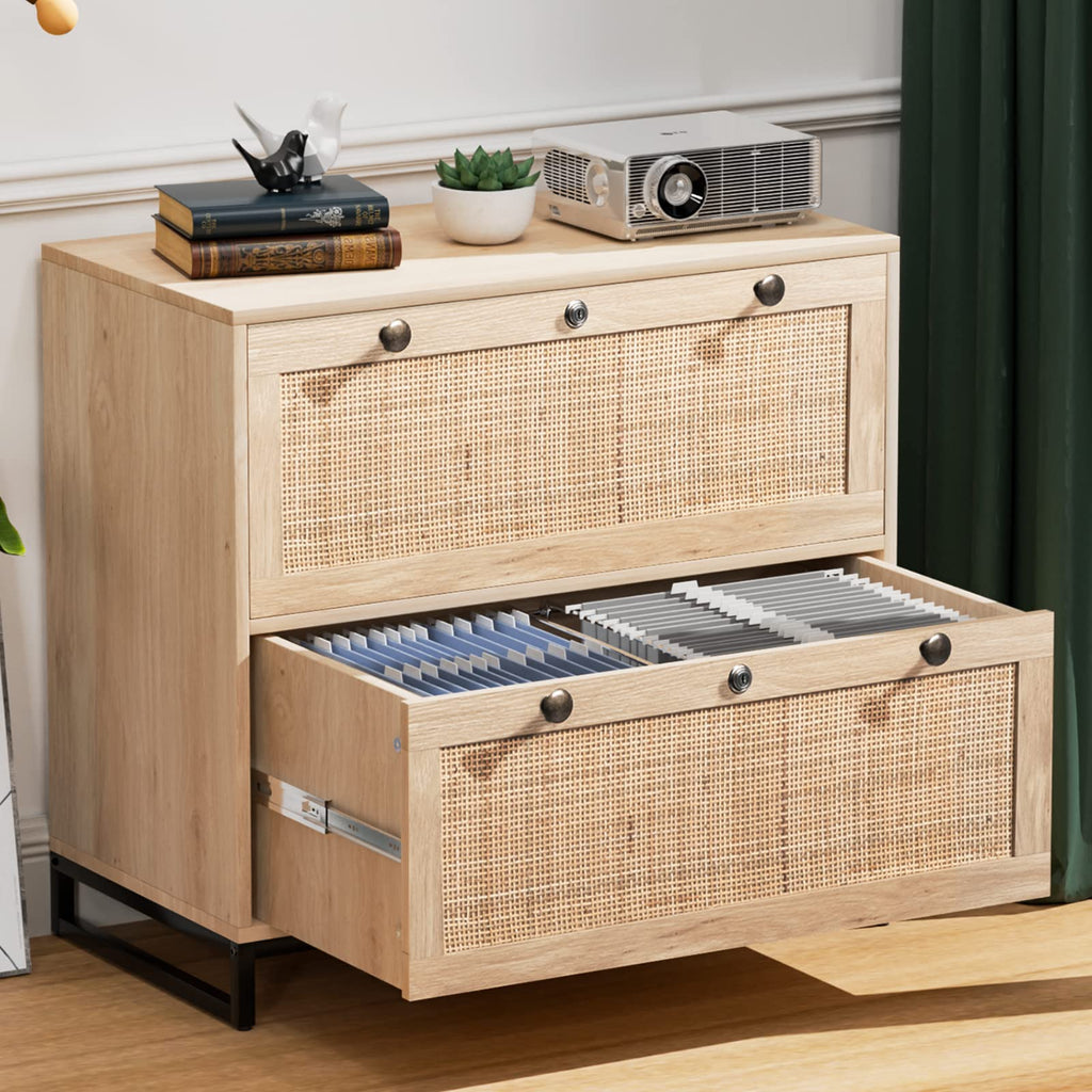 Oak Wood Rattan 2 Drawer Lateral File Cabinet with Lock C86536