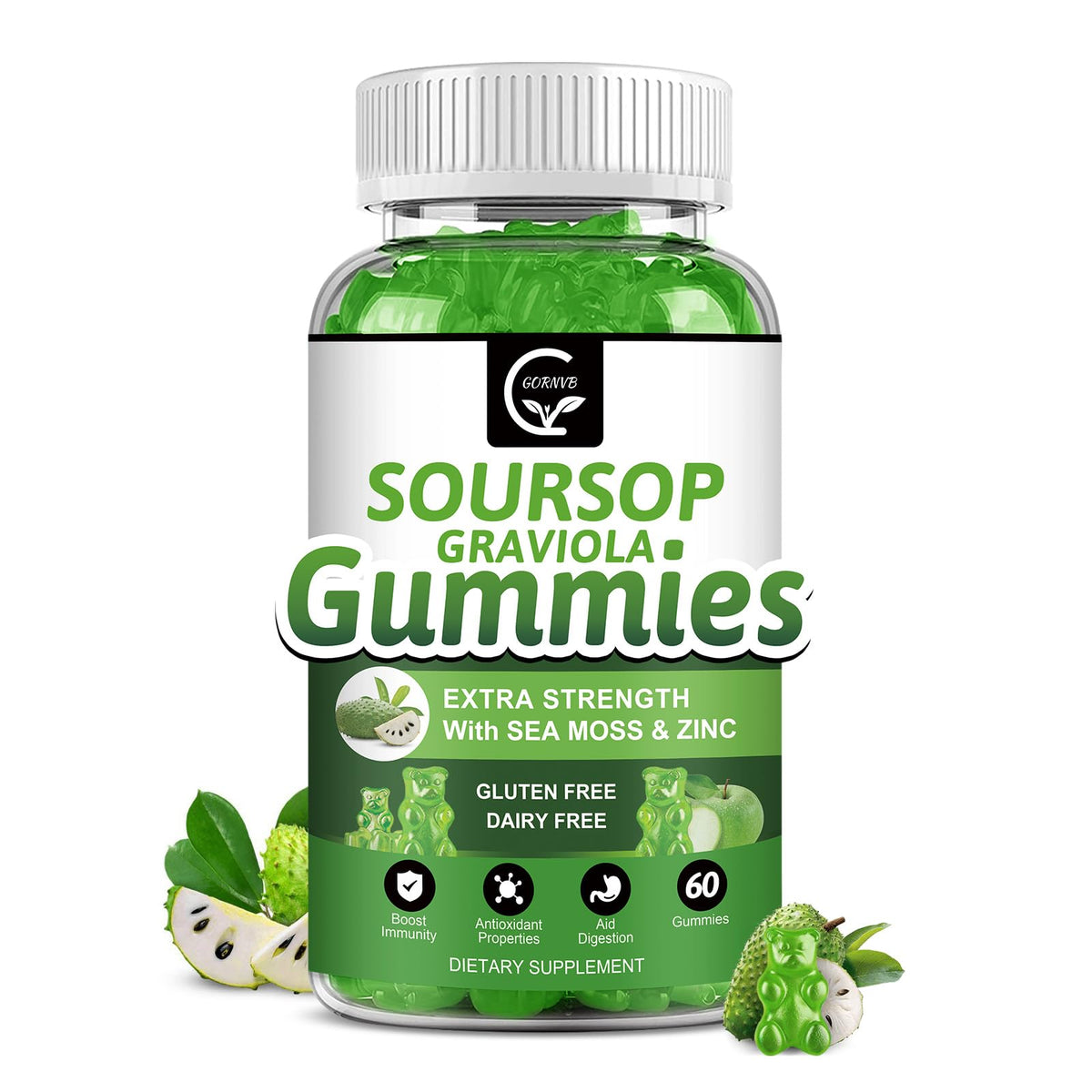Organic Soursop Graviola Gummies 2200mg with Sea Moss Zinc Vitamin C 60 Gummies M323108