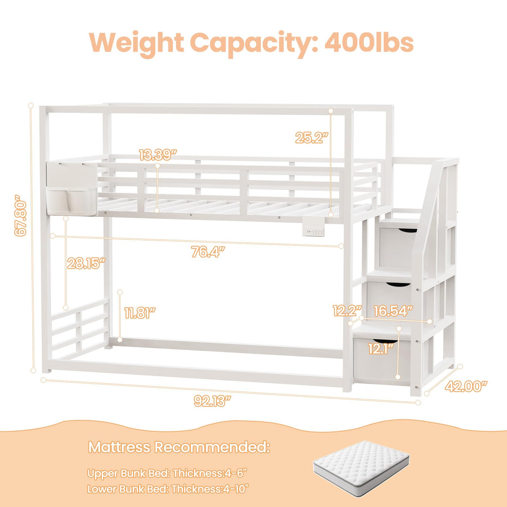 White Twin Over Twin Bunk Bed with Storage Stairs L21742