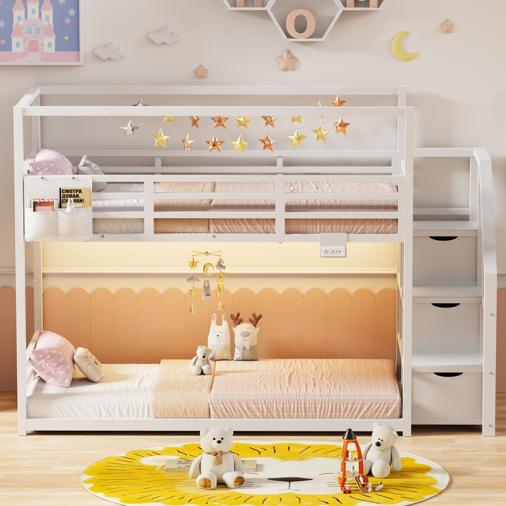 White Twin Over Twin Bunk Bed with Storage Stairs L21742