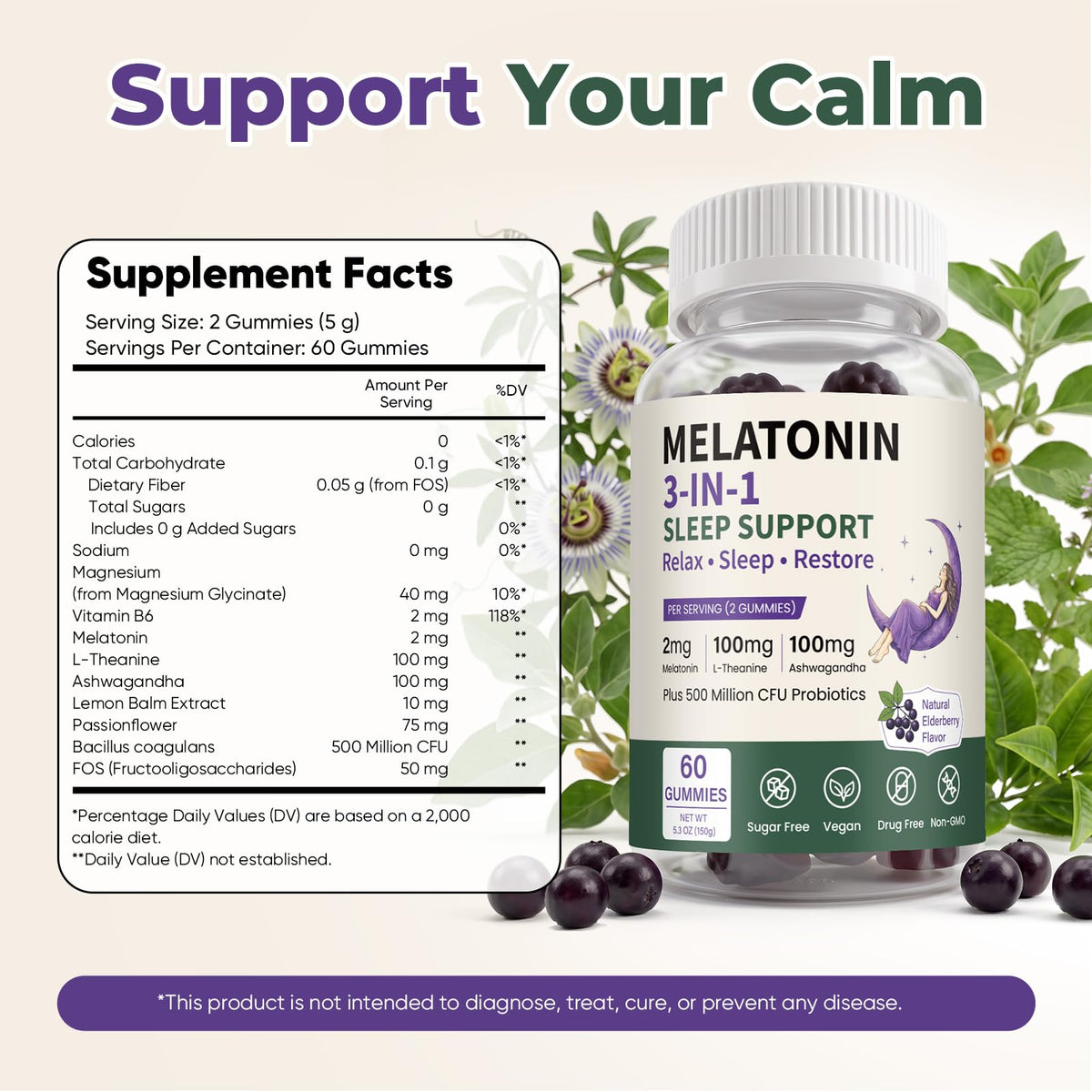 Melatonin Calm Sleep Gummies 2mg Elderberry Flavor 60*2 Bottles Q127