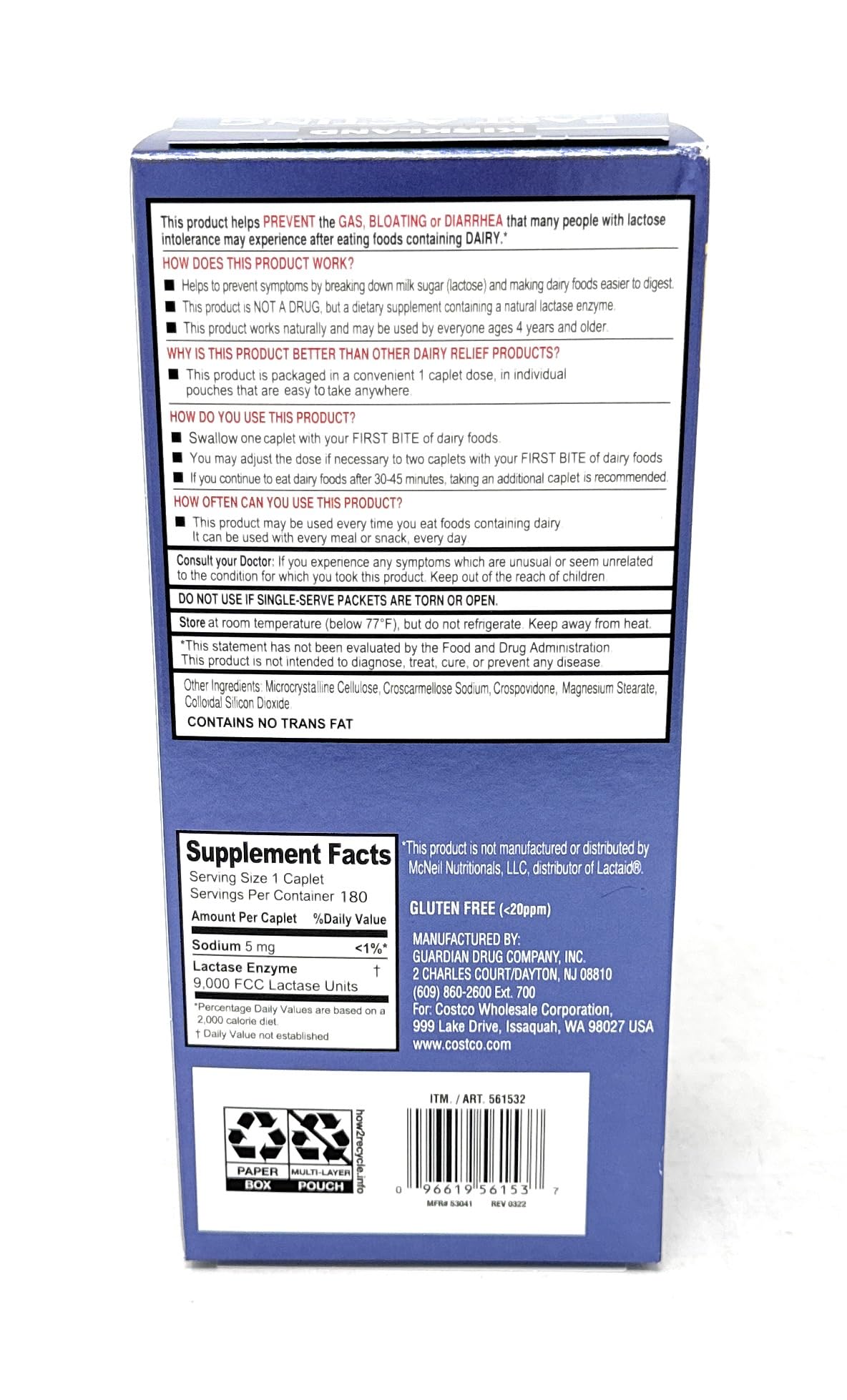 Fast Acting Lactase 180 Caplets K9137