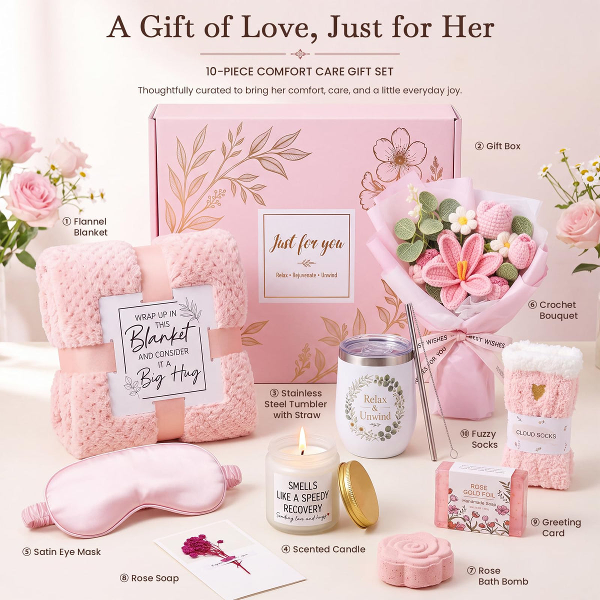 10 PCS Pink Gift Basket with Blanket, Tumbler & Crochet Flowers B8628