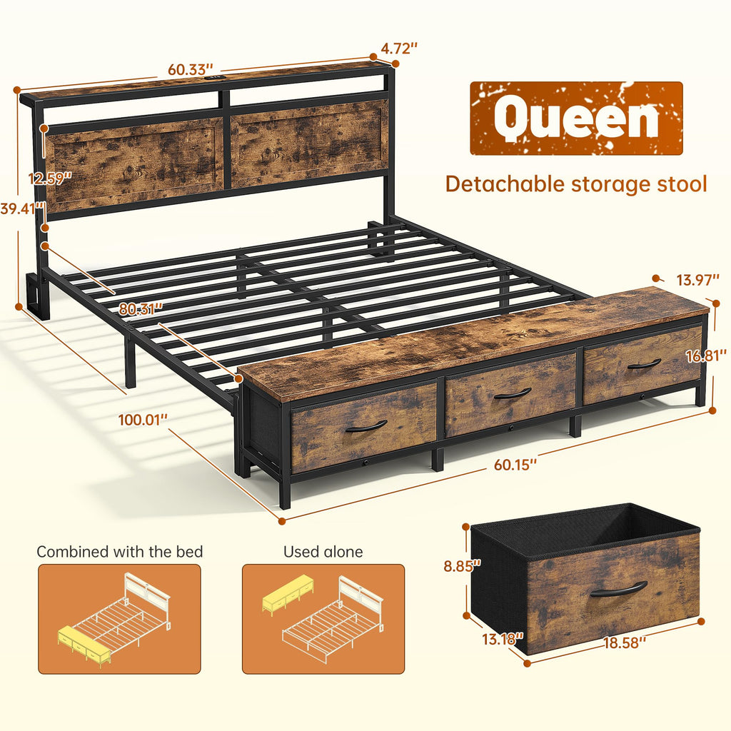 Queen Bed Frame with Ottoman & Charging Station O108797