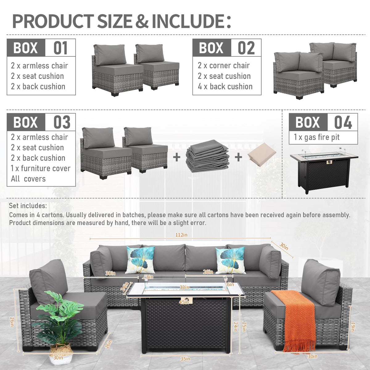 7 Pieces Wicker Patio Furniture Set with Fire Pit Table N692