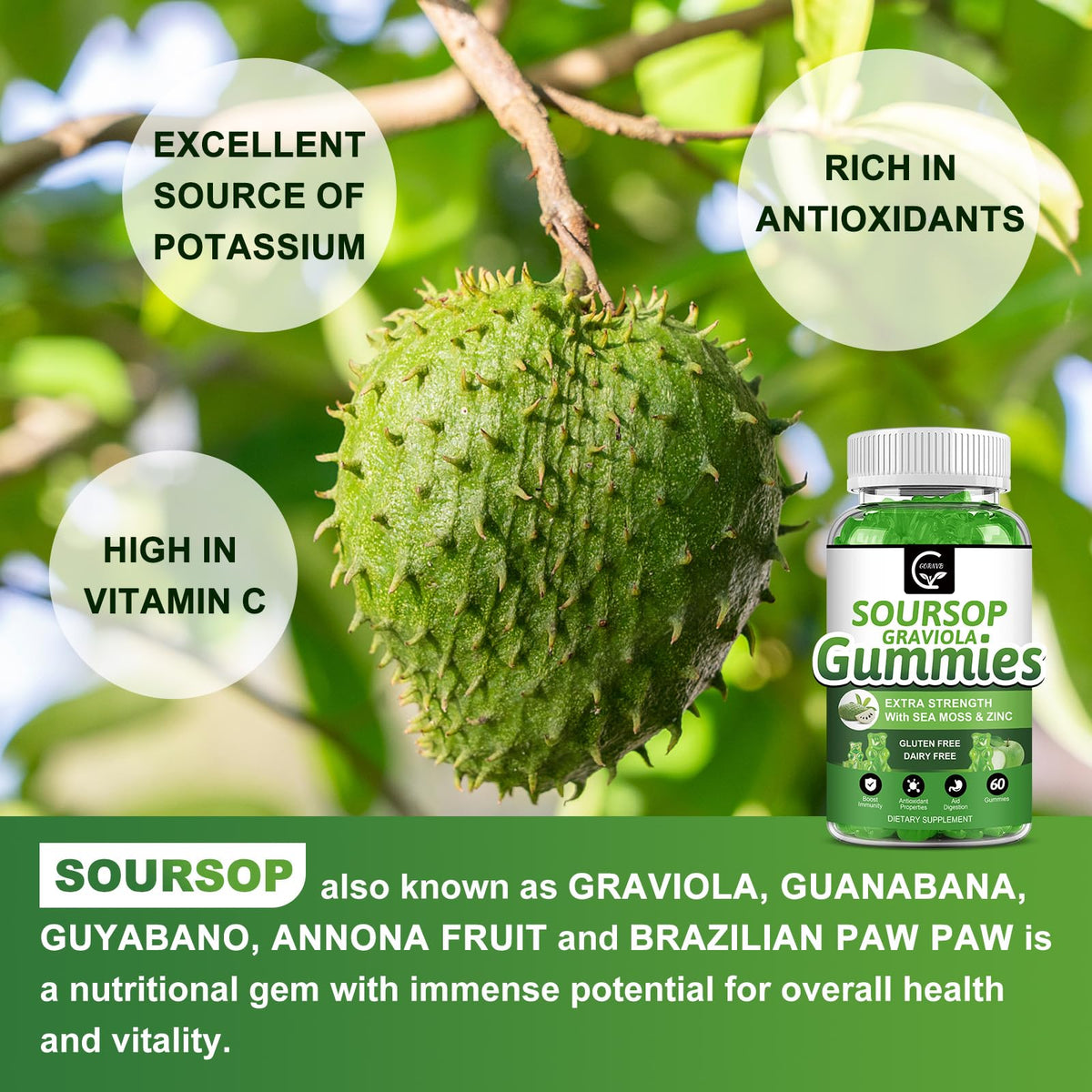 Organic Soursop Graviola Gummies 2200mg with Sea Moss Zinc Vitamin C 60 Gummies M323108