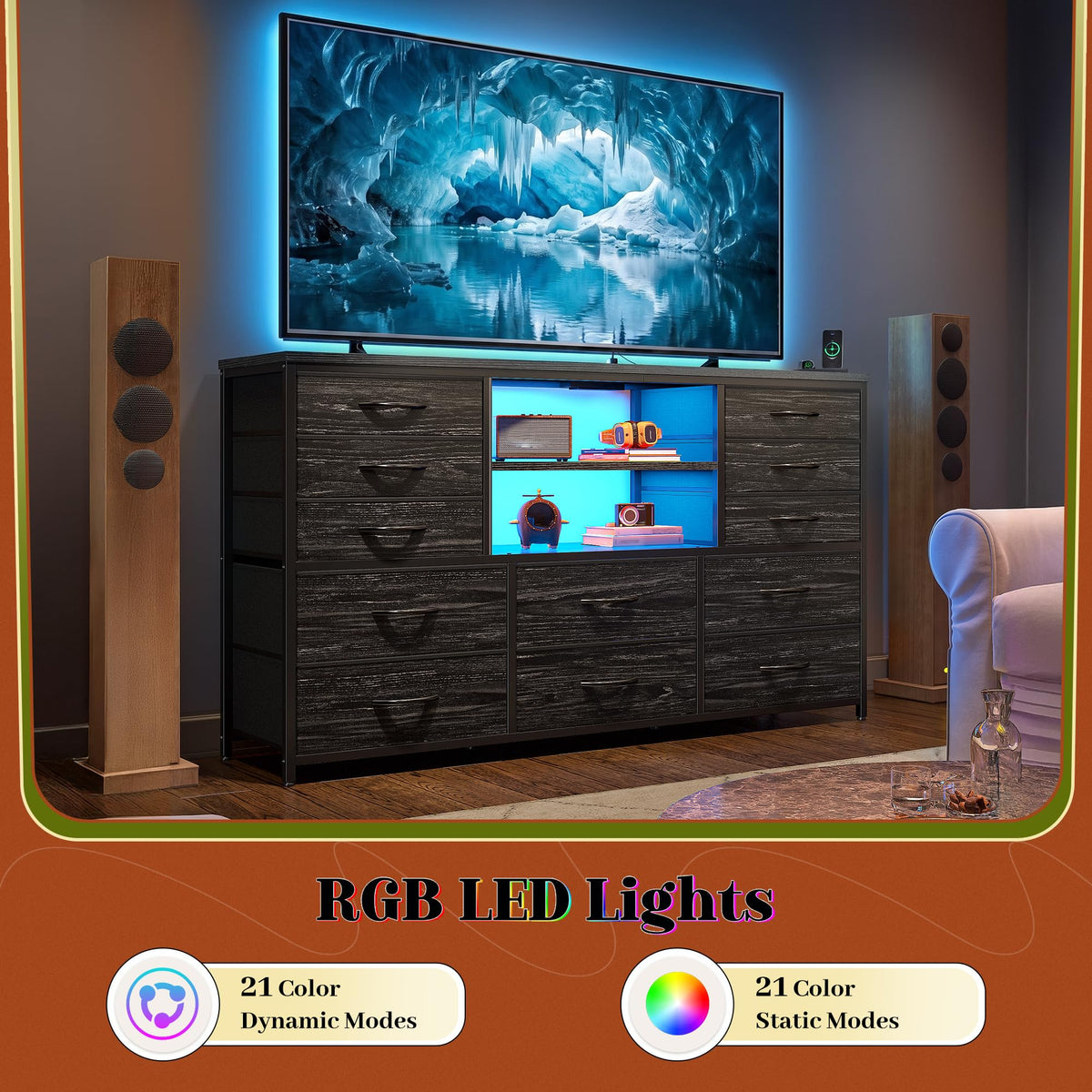 Dresser with LED Lights & Charging Station J37647