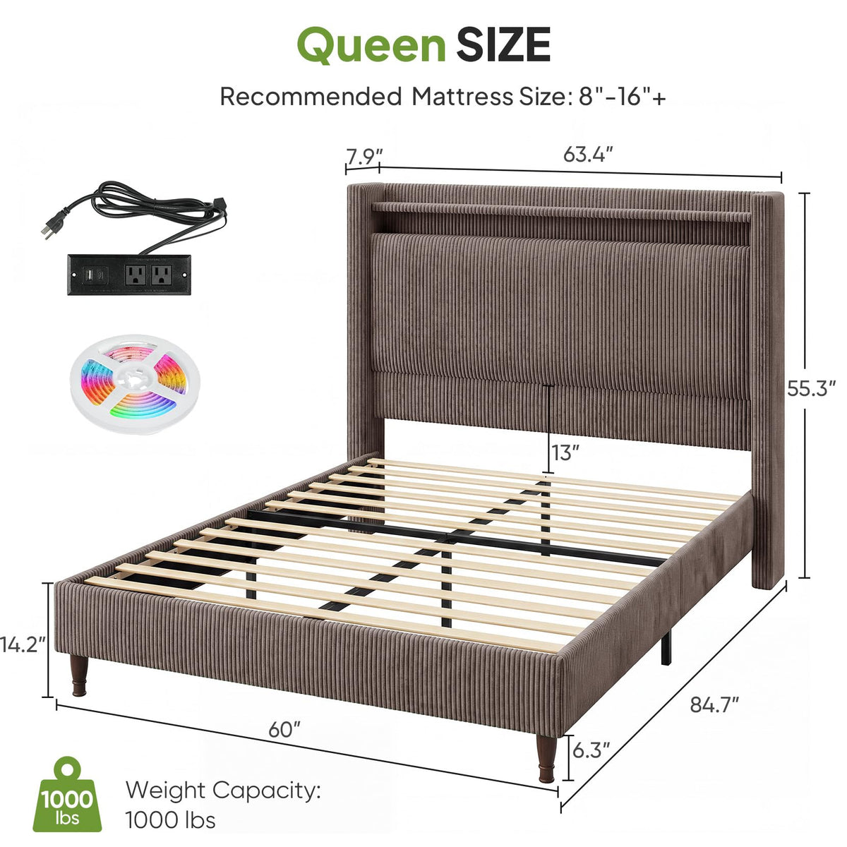 Queen Size Corduroy Upholstered Bed Frame X920