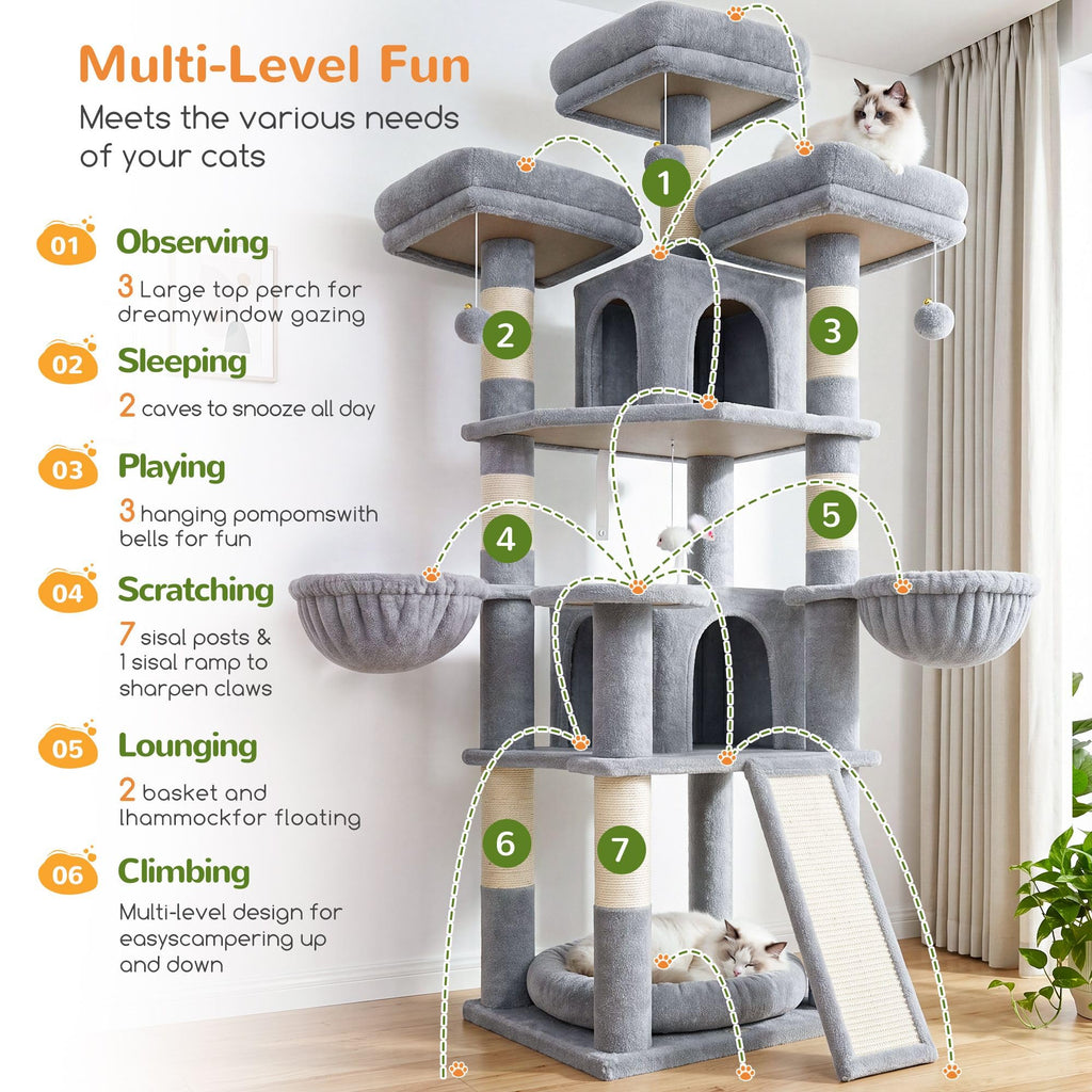 70 Inch Light Grey Cat Tree with Scratching Post N20756