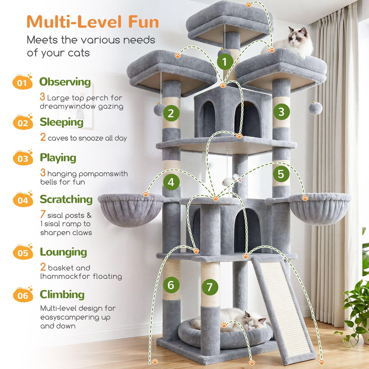 70 Inch Light Grey Cat Tree with Scratching Post N20756