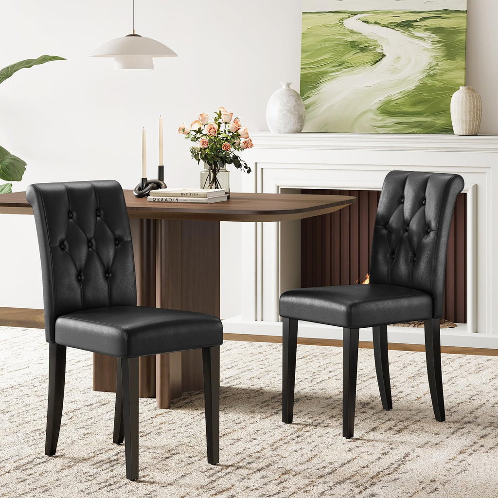 Upholstered Dining Chairs Set of 4 Tufted Wood Legs Jet Black A175