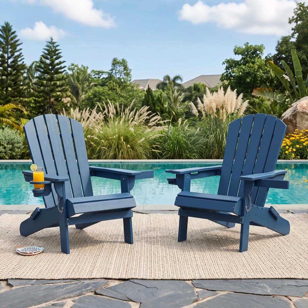 Folding Adirondack Chair Set of 2 with Cup Holder Navy Blue P12144