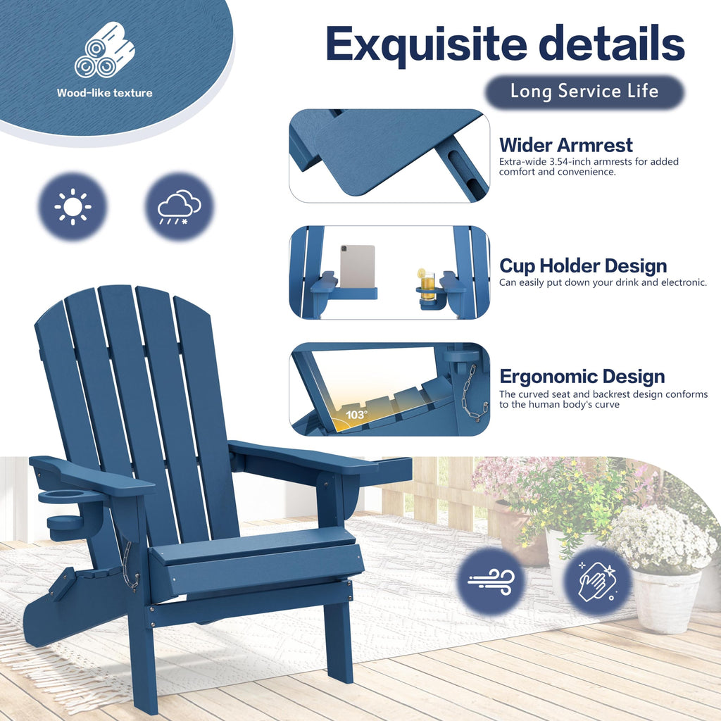 Folding Adirondack Chair Set of 2 with Cup Holder Navy Blue P12144