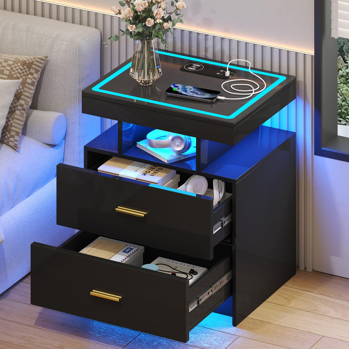 Black LED Nightstand with Wireless Charging Station A361125