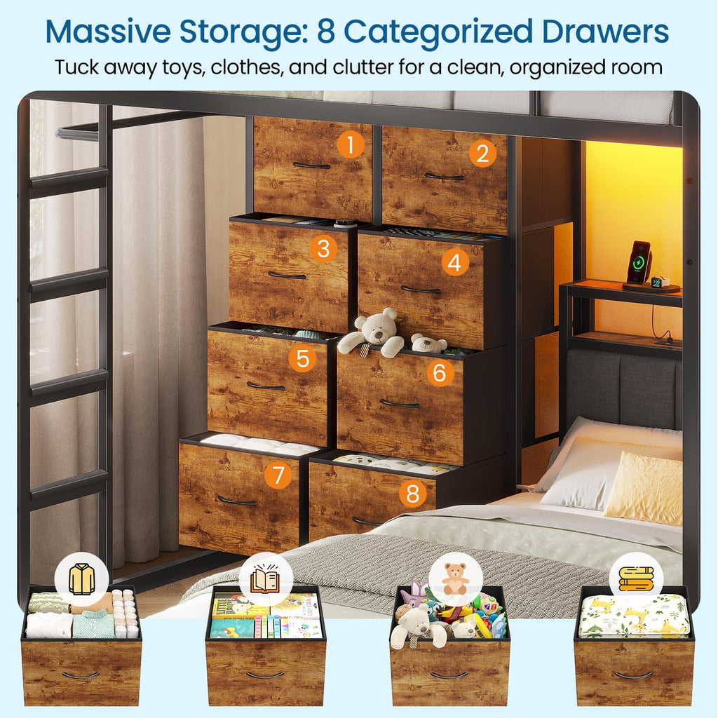 Twin Over Twin Bunk Bed with 8 Drawers and Storage Headboard Y77803