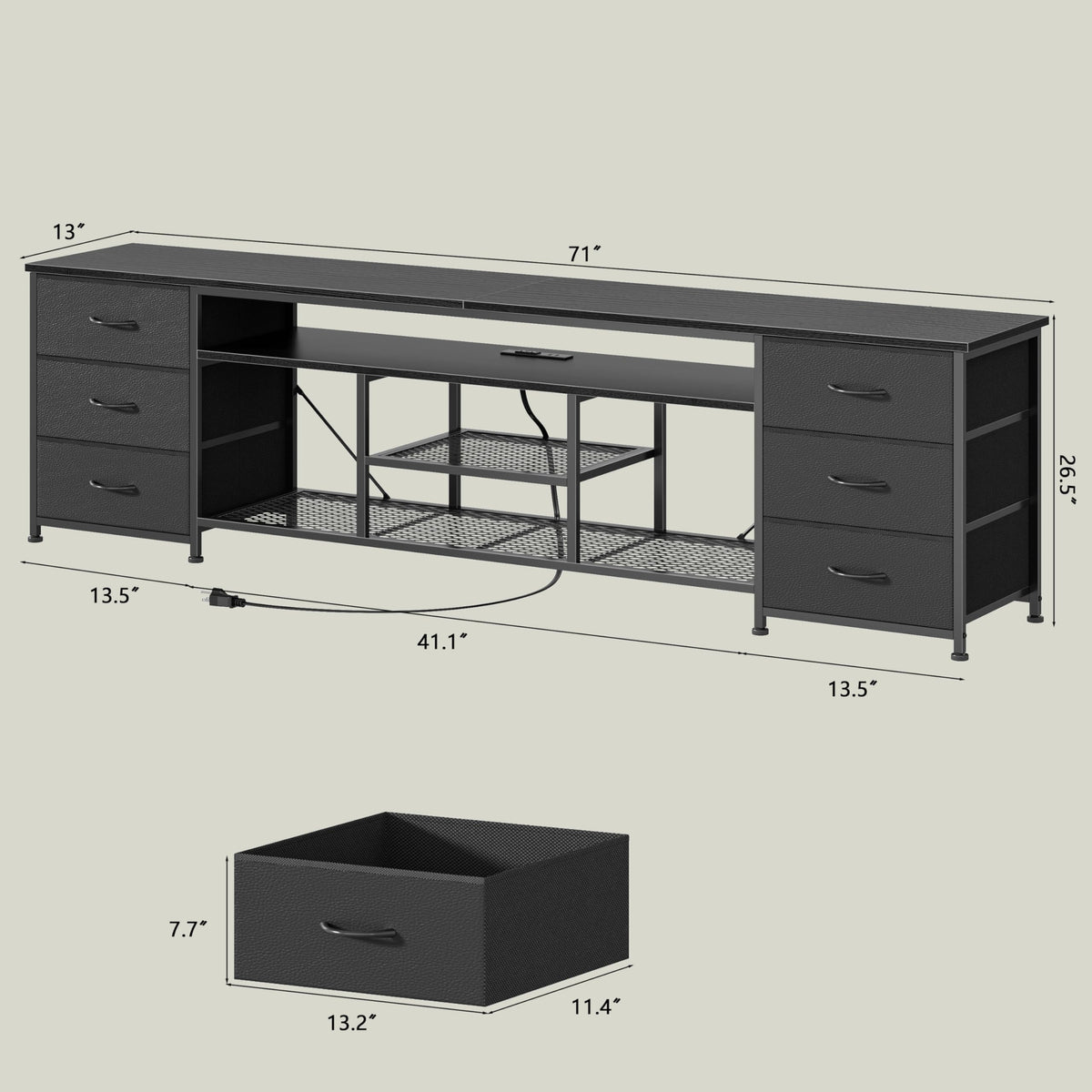 Black Dresser TV Stand with LED Lights & Charging Station O978
