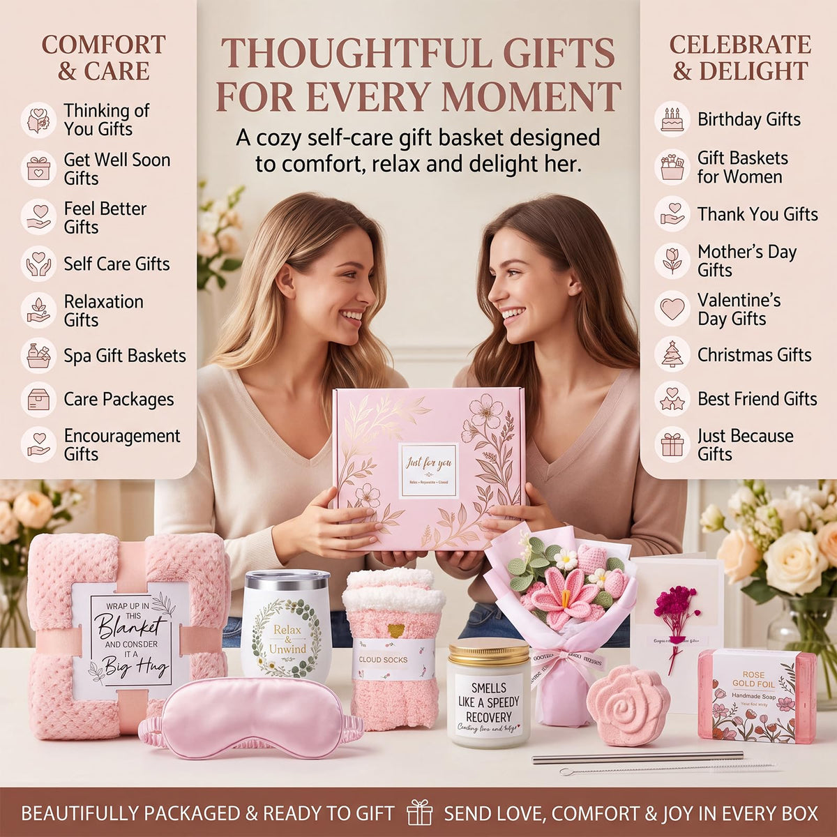 10 PCS Pink Gift Basket with Blanket, Tumbler & Crochet Flowers B8628