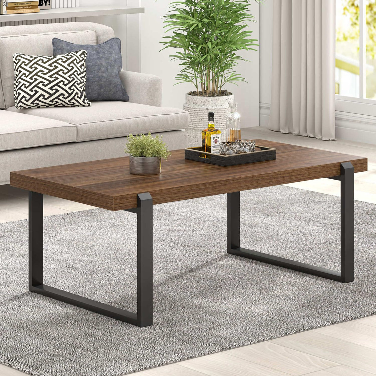 Walnut 44 Inch Wood and Metal Coffee Table K470040