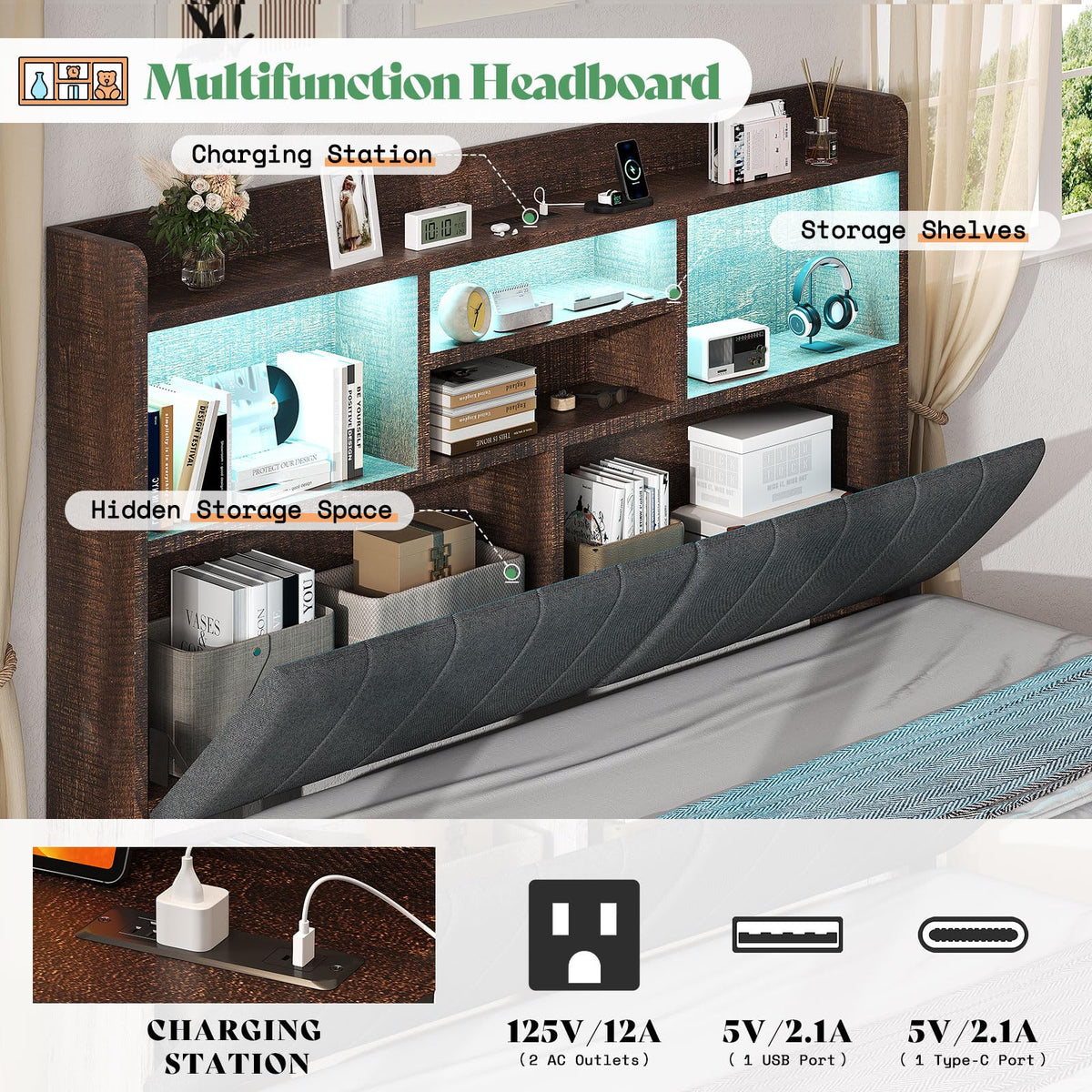 King Brown Storage Bed with Bookcase Headboard & Drawer B4945