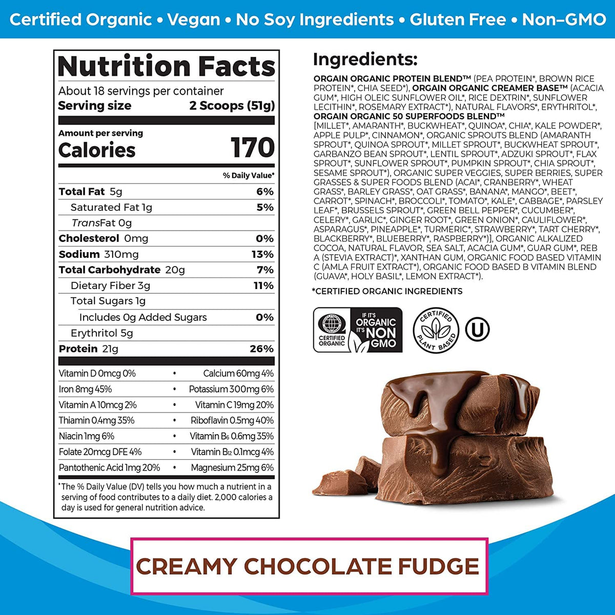Organic Protein Powder Creamy Chocolate Fudge and Vanilla Bean I595766