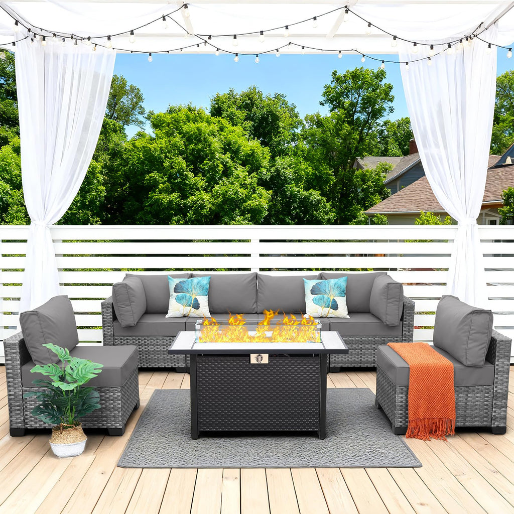 7 Pieces Wicker Patio Furniture Set with Fire Pit Table N692