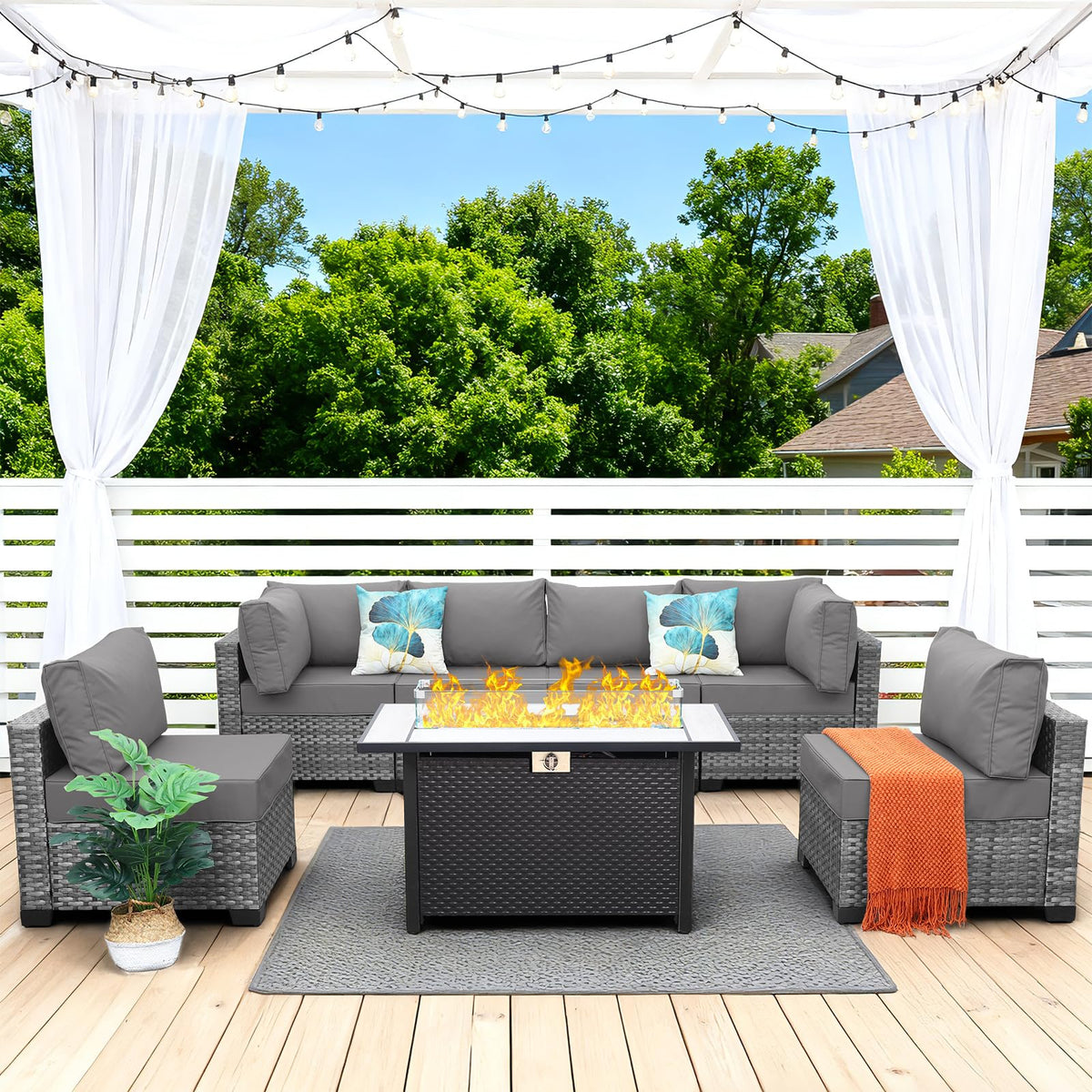 7 Pieces Wicker Patio Furniture Set with Fire Pit Table N692