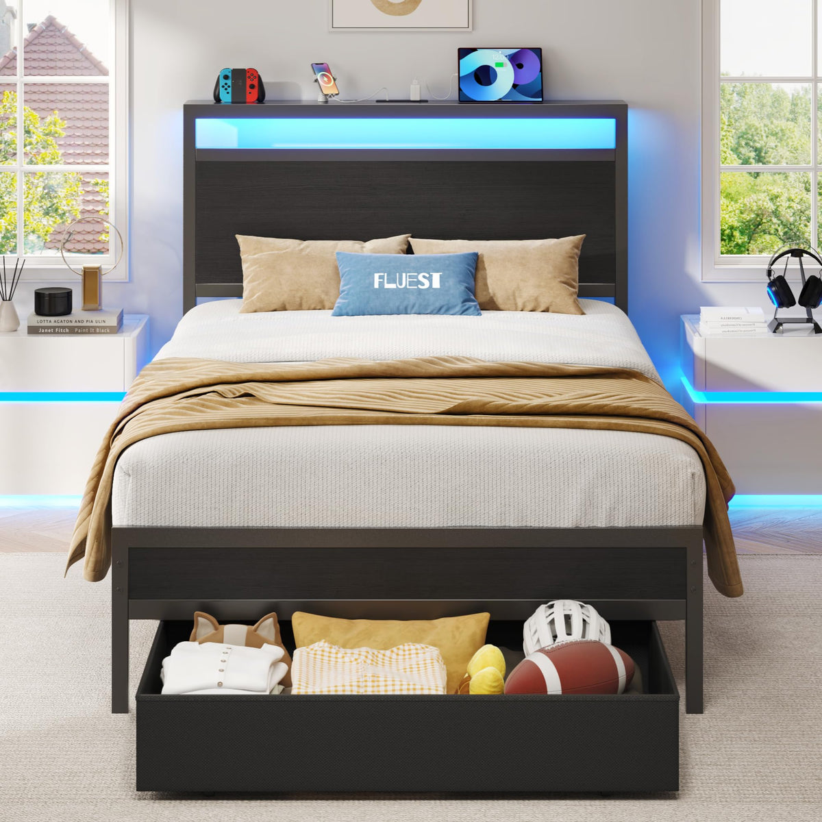 Twin Bed Frame with Storage Headboard & Drawer, Charging Station & LED Light, Black F269458