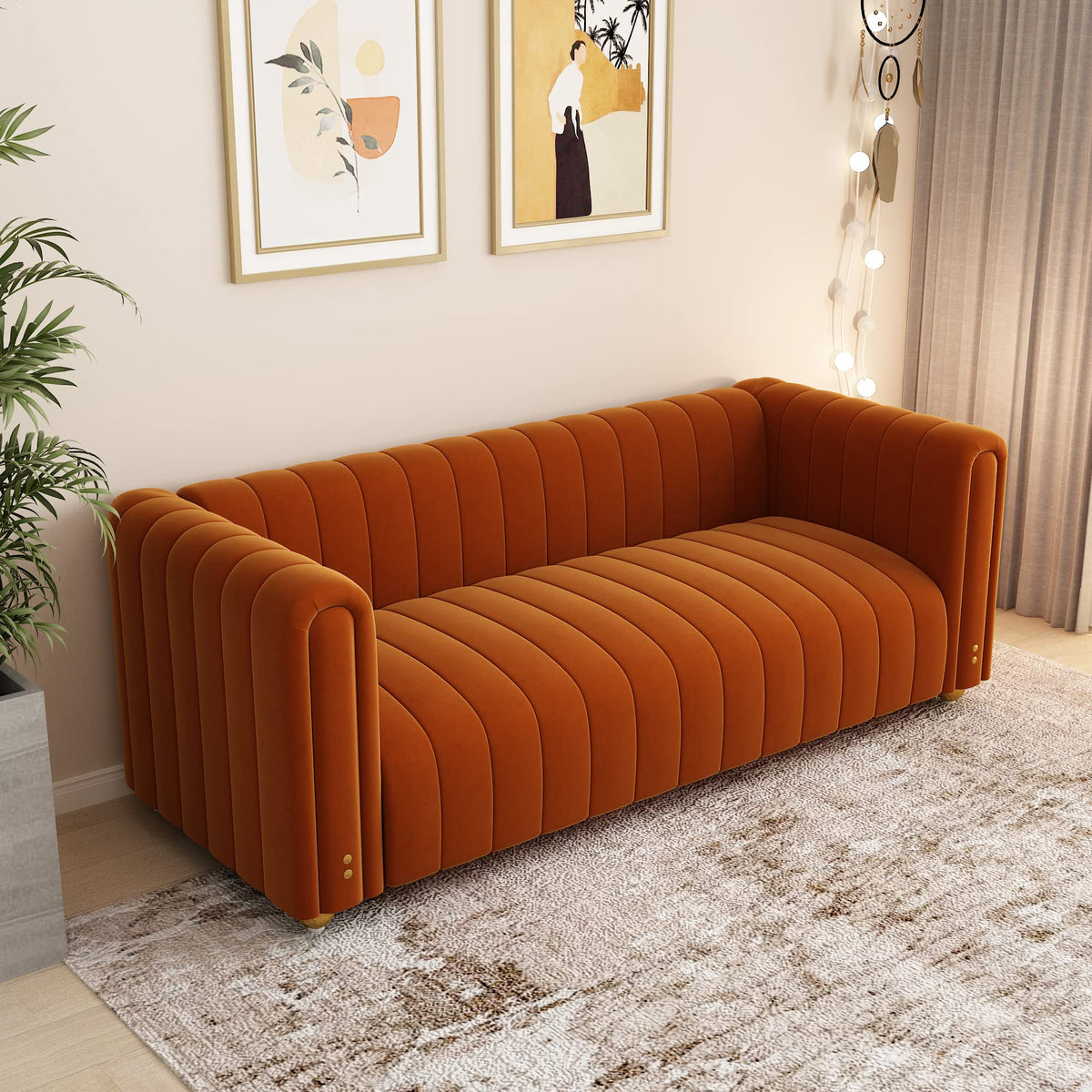 Orange Velvet 3 Seat Sofa W3378