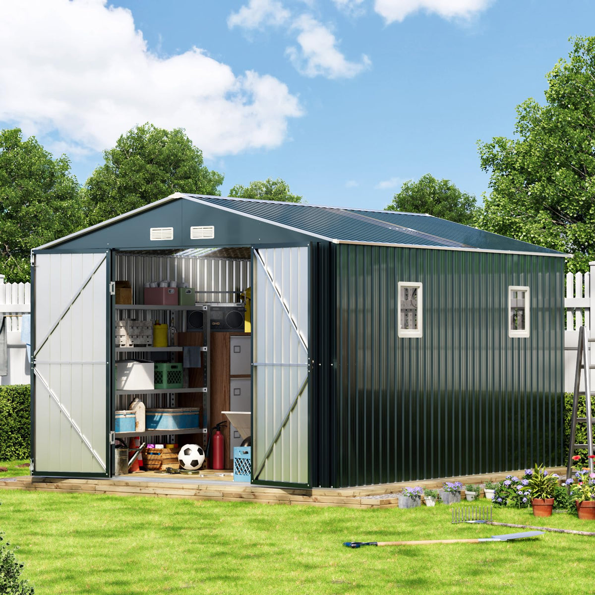 10x12X7.5FT Outdoor Steel Storage Shed with Lockable Doors and Frame Floor J62711