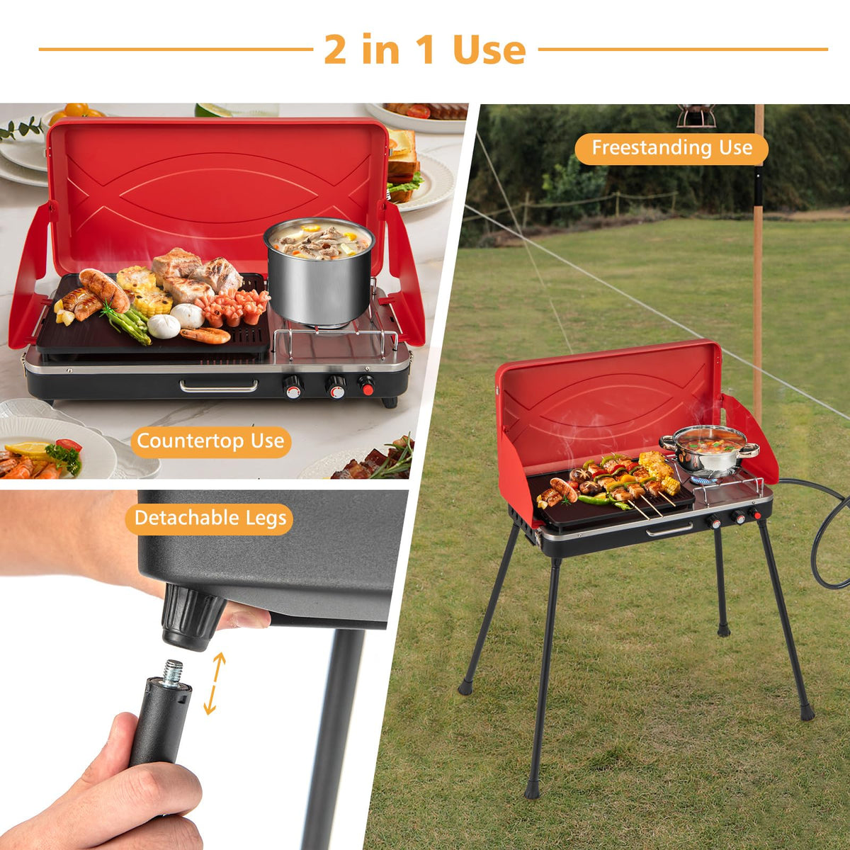 2-Burner Portable Gas Camping Stove with Detachable Legs K12511
