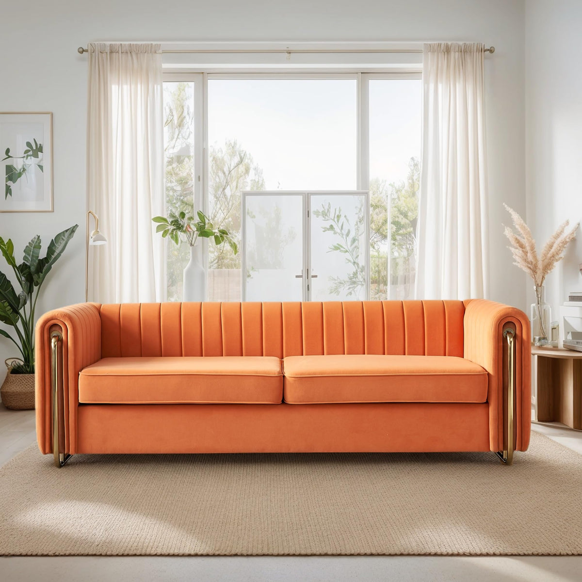 Orange Velvet 3-Seater Sofa with Rolled Arms T81996